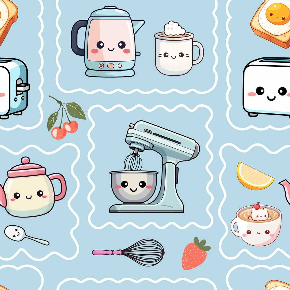 Cute Kawaii Mixer Kettle Cups Fruit Blue Background