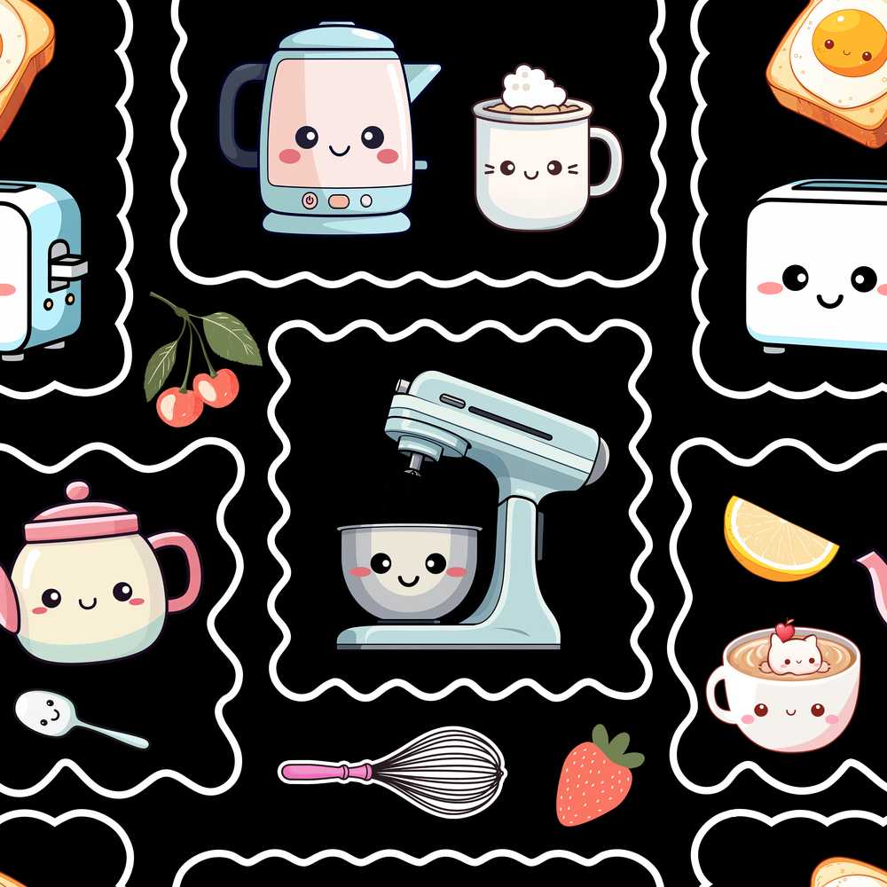 Cute Kawaii Mixer Kettle Cups Fruit Black Background