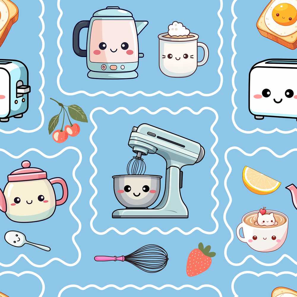 Cute Kawaii Mixer Kettle Cups Fruit Blue Pattern