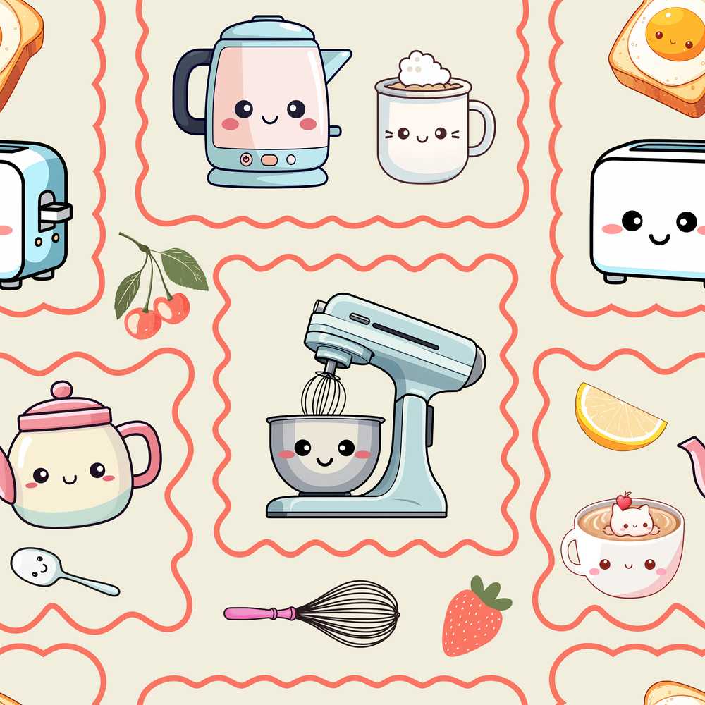 Cute Kawaii Mixer Kettle Cups Fruit Beige Background