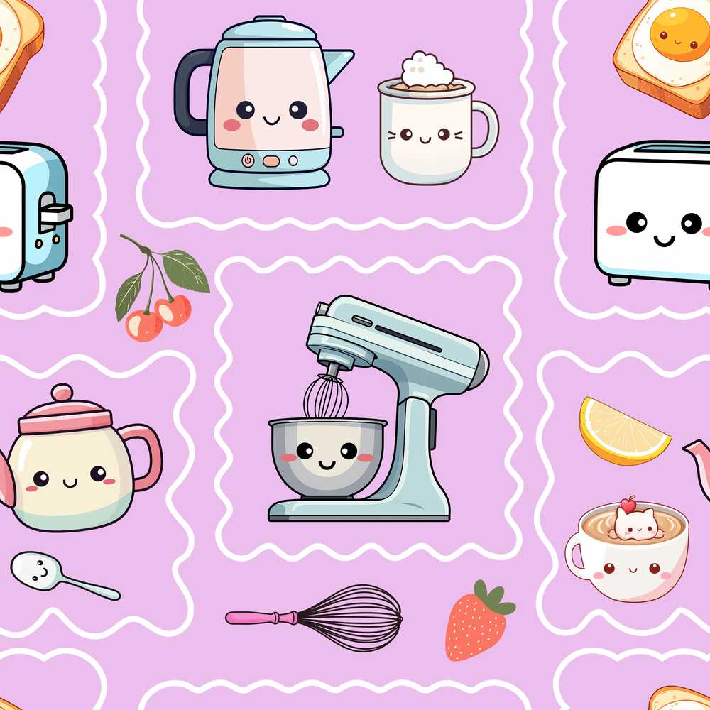 Cute Kawaii Kitchen Mixer Kettle Cups Purple Background