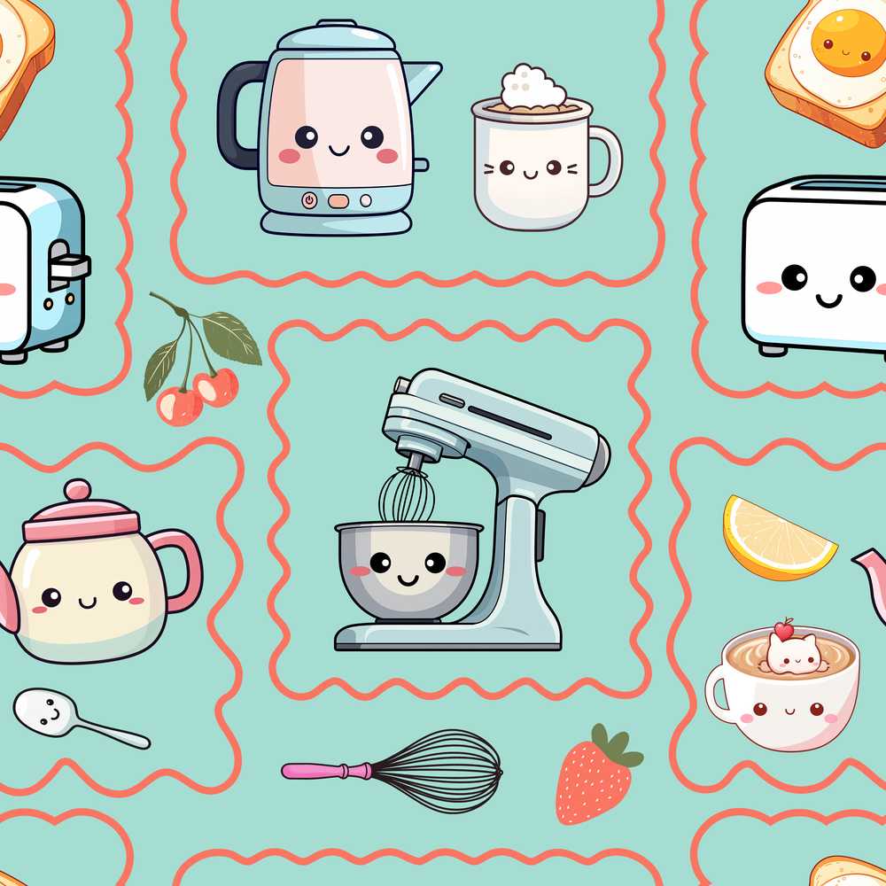 Cute Kawaii Kitchen Mixer Kettle Cups Mint Background