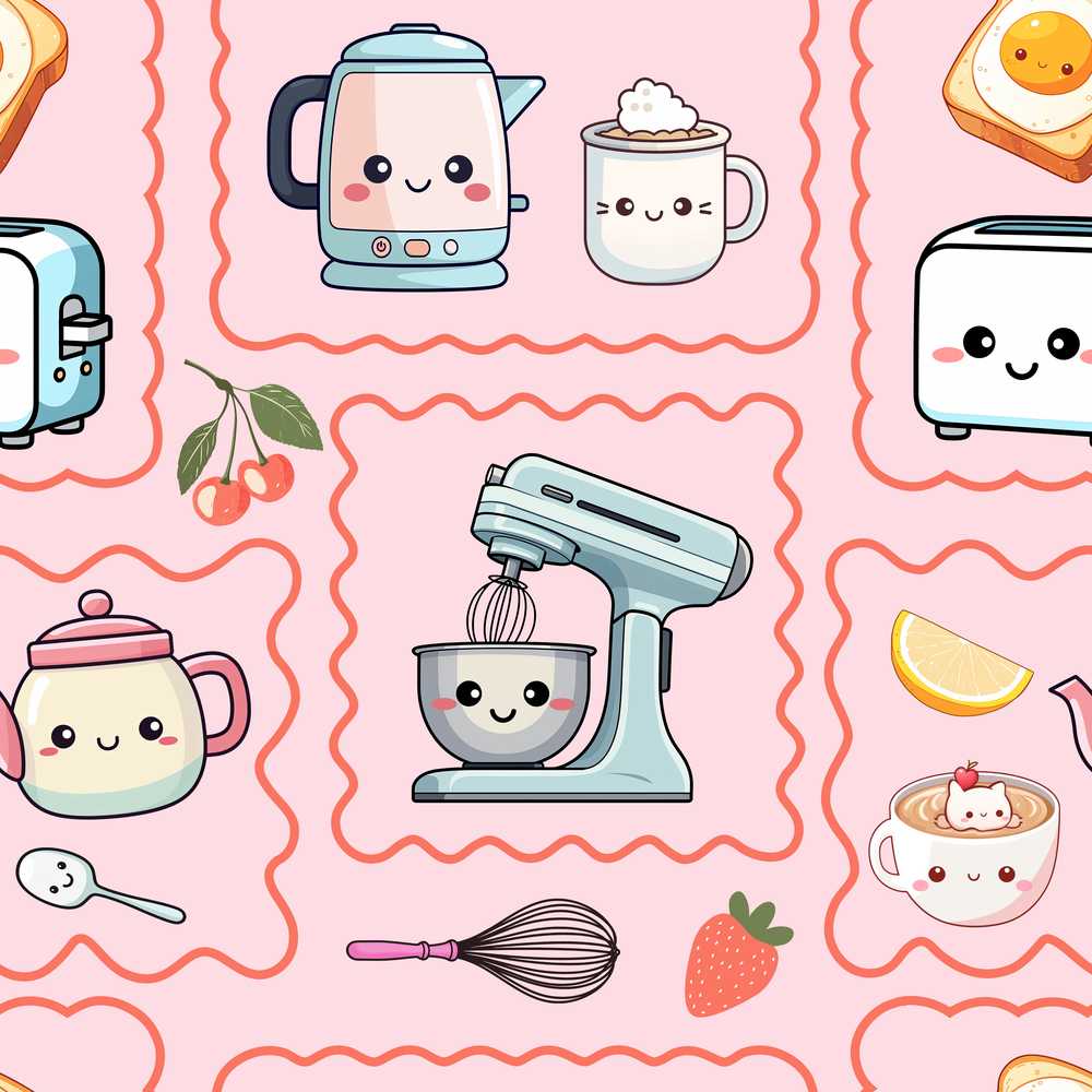 Cute Kawaii Kitchen Mixer Kettle Cups Pink Background