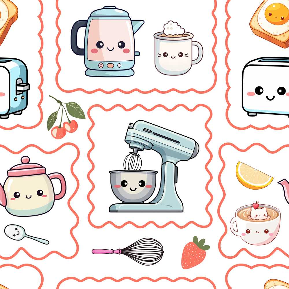 Cute Kawaii Kitchen Mixer Kettle Cups Grey Background