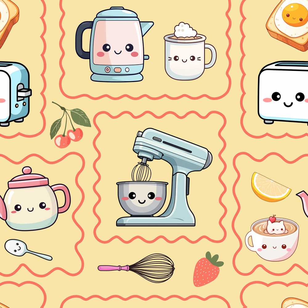 Cute Kawaii Kitchen Mixer Kettle Cups Yellow Background