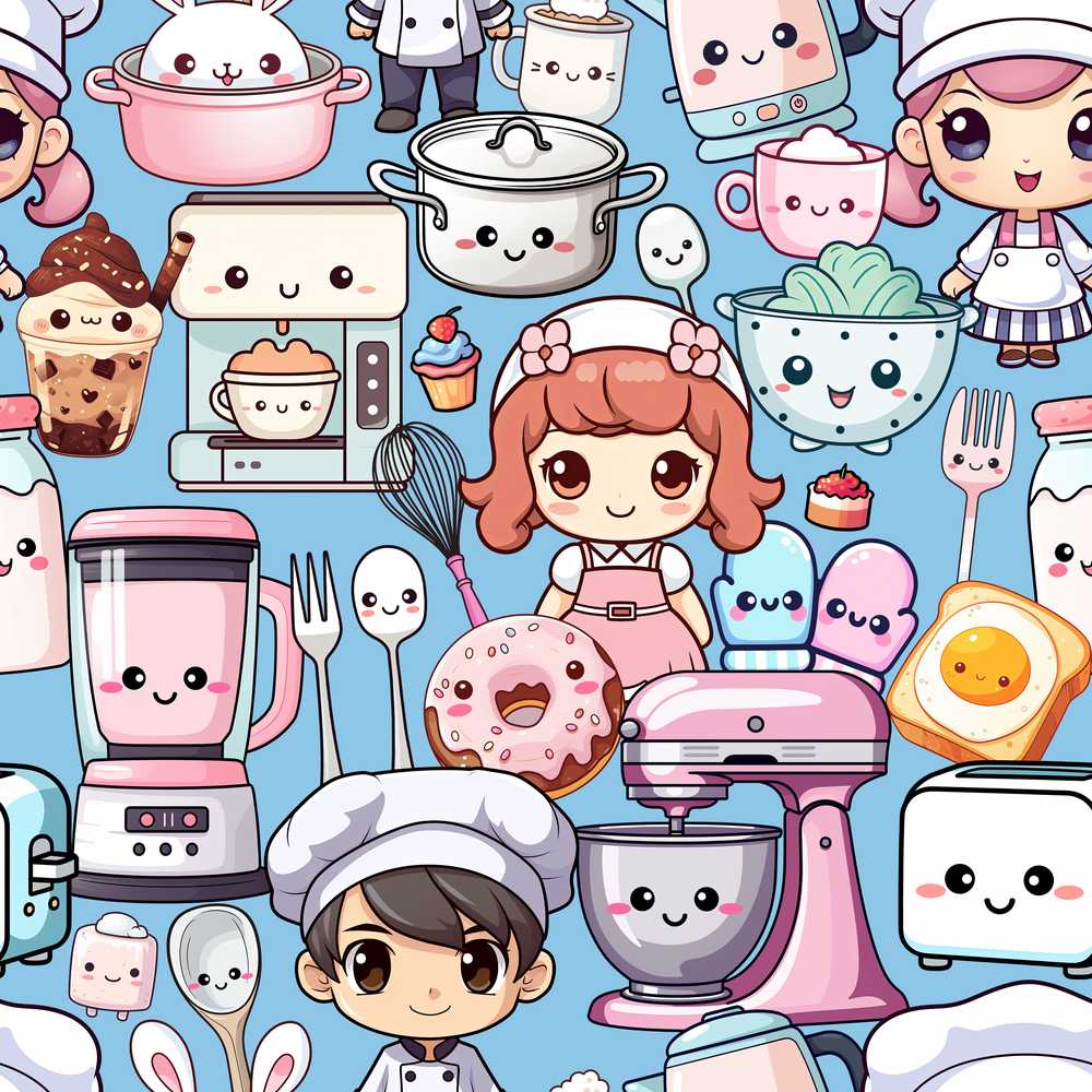 Cute Kawaii Baking Girl Mixer Blender Donut Blue Background