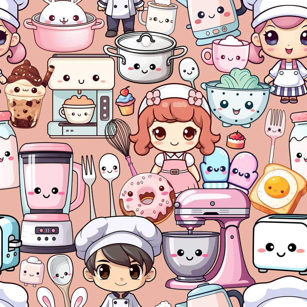 Cute Kawaii Baking Girl Mixer Blender Donut Peach Background