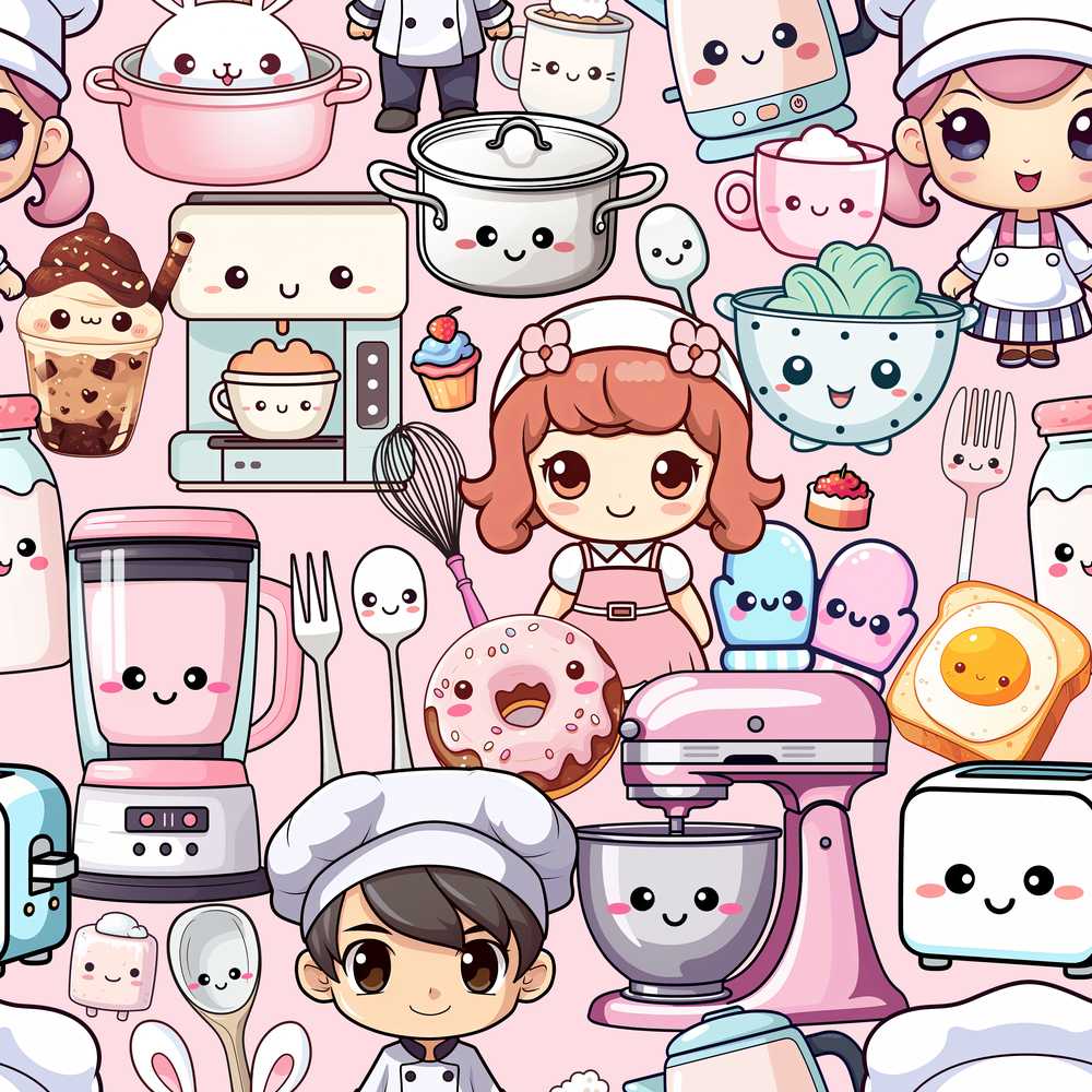 Cute Kawaii Baking Girl Mixer Blender Donut Pink Background