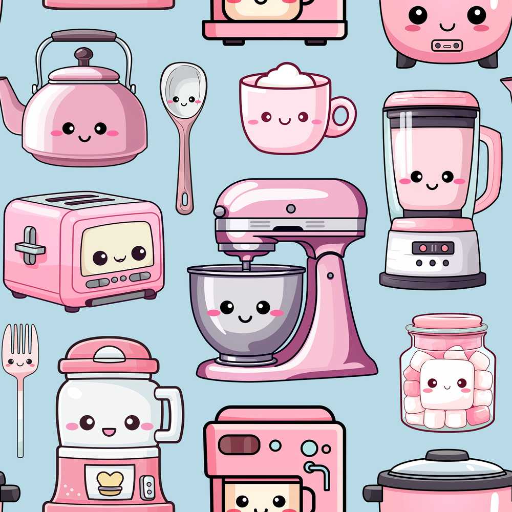 Cute Kawaii Pink Kitchen Appliances Blue Background Decorative