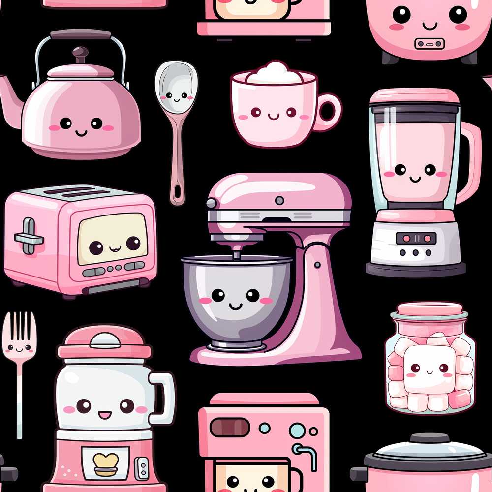 Cute Kawaii Pink Kitchen Appliances Black Background Decorative