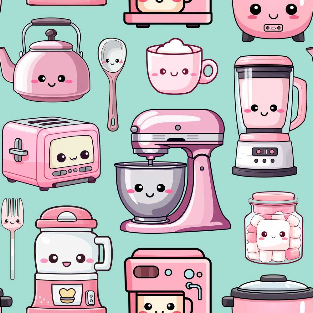 Cute Kawaii Pink Kitchen Appliances Mint Background Decorative