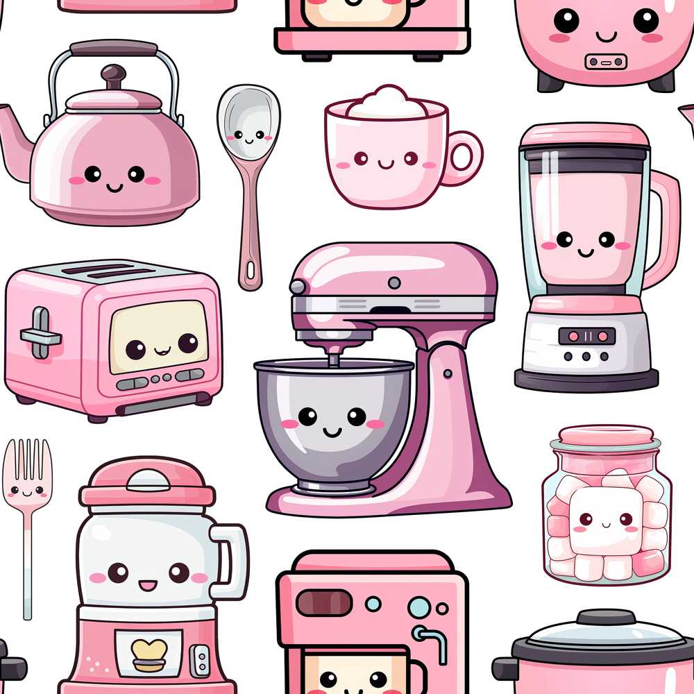 Cute Kawaii Pink Kitchen Appliances Light Grey Background