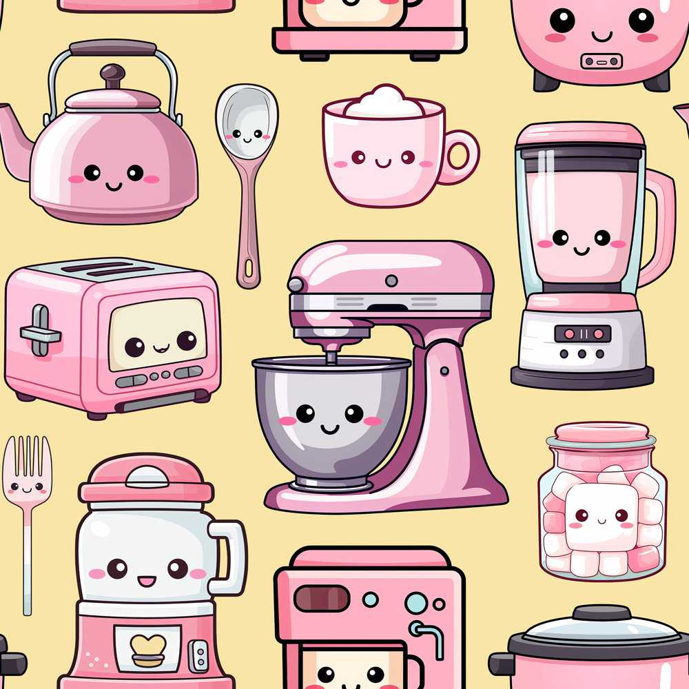 Cute Kawaii Pink Kitchen Appliances Warm Yellow Background