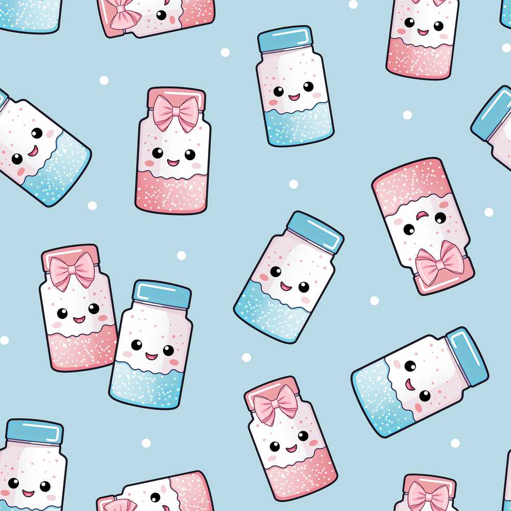 Cute Kawaii Sweet Sugar Jars with Bows Pastel Blue Background