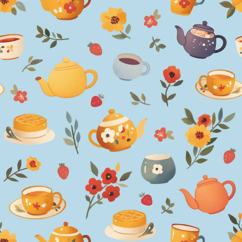 Cute Vintage Teapots Cups Flowers Blue Background Wildflower Pattern