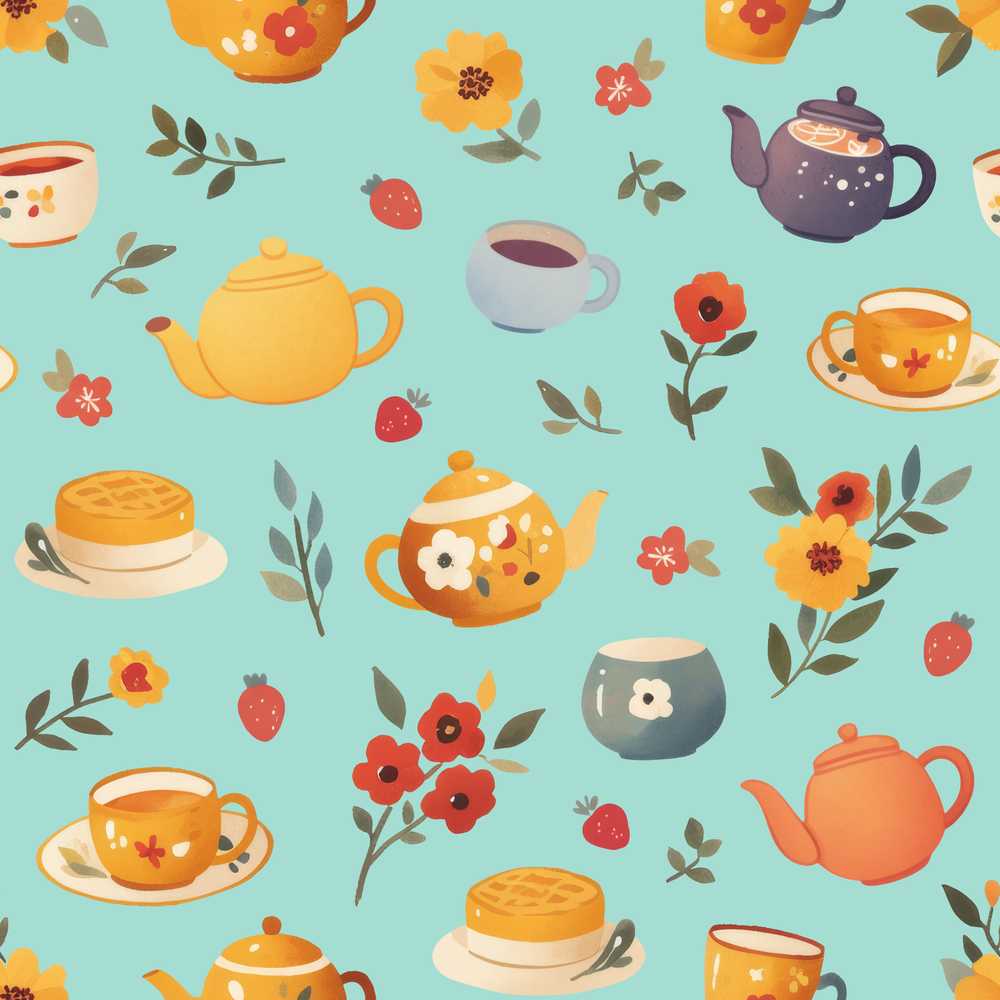 Cute Vintage Teapots Cups Flowers Mint Background Wildflower Pattern