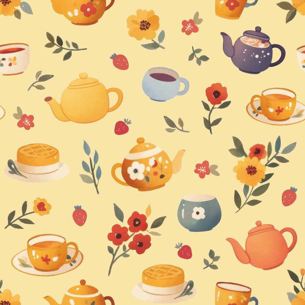Cute Vintage Teapots Cups Flowers Warm Yellow Background Wildflower