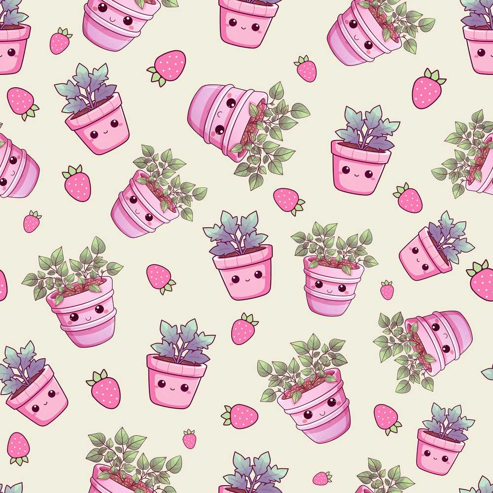 Cute Kawaii Strawberry Plant Pots Smiling Faces Illustration