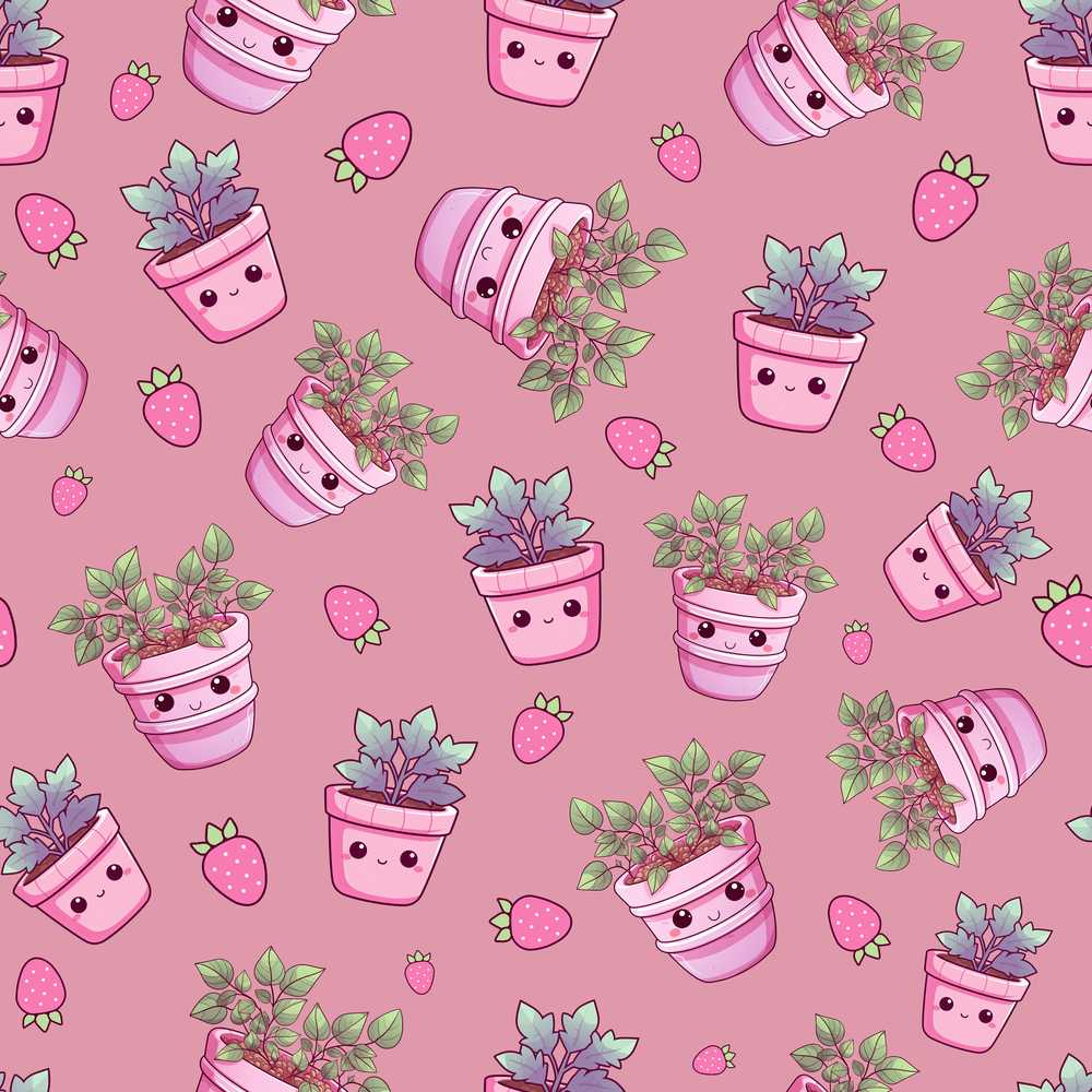 Cute Kawaii Strawberry Plant Pots Pink Background Illustration