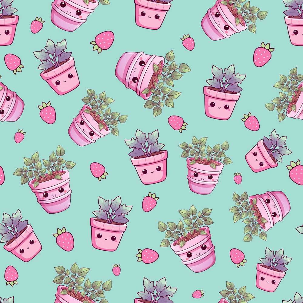 Cute Kawaii Strawberry Plant Pots Teal Background Illustration