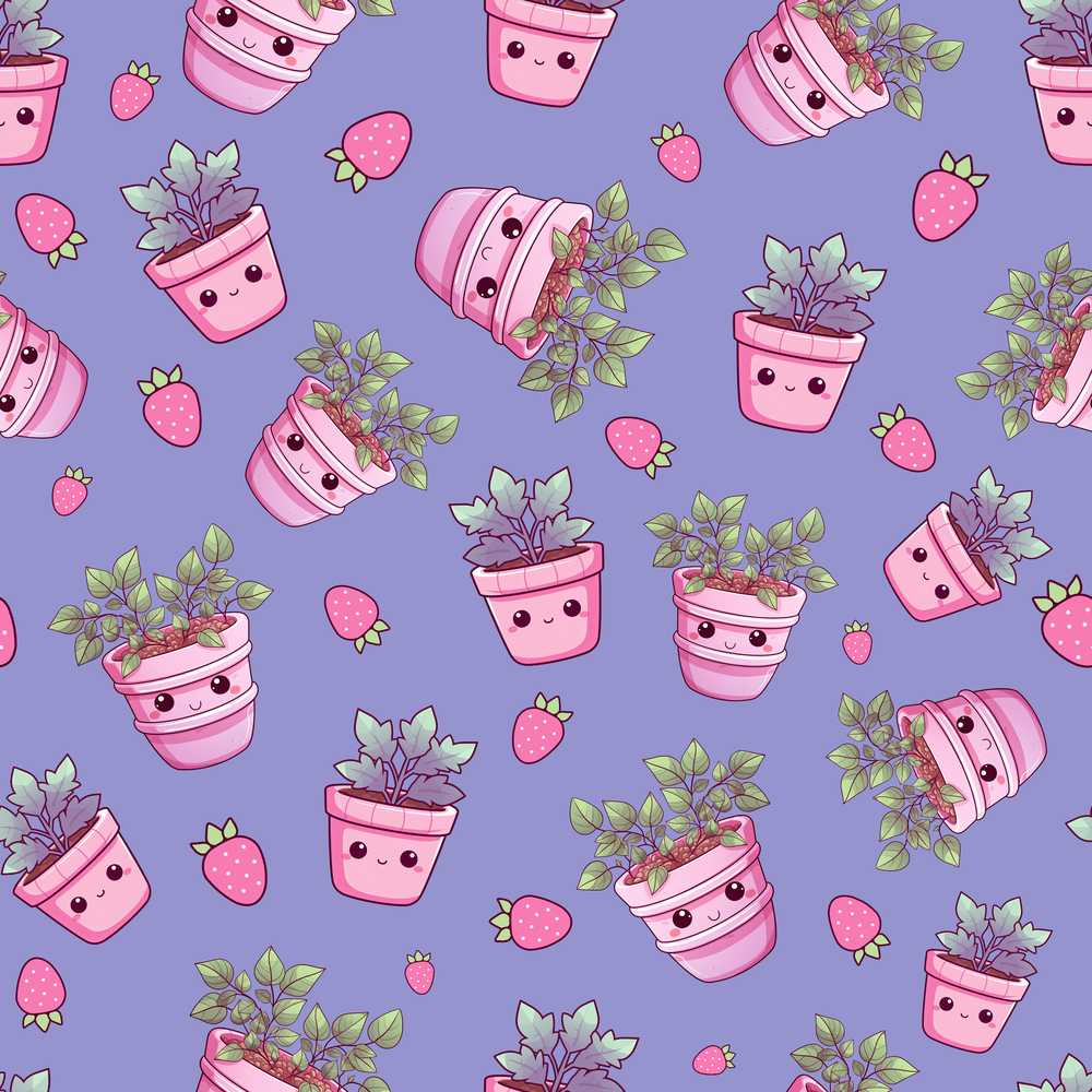 Cute Kawaii Strawberry Plant Pots Purple Background Illustration