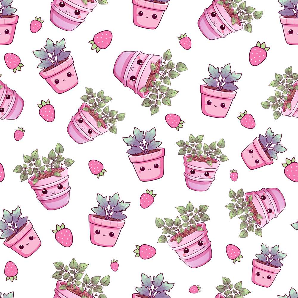 Cute Kawaii Strawberry Plant Pots Grey Background Illustration