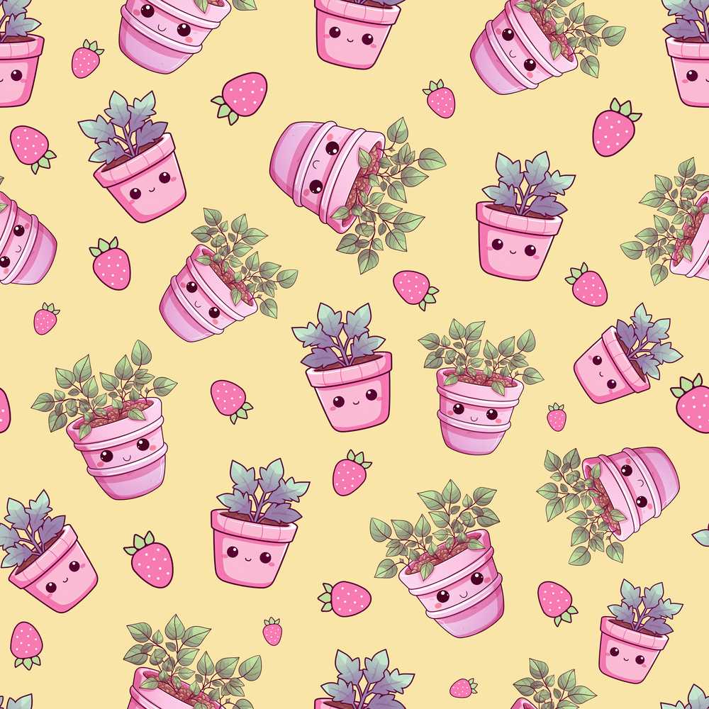 Cute Kawaii Strawberry Plant Pots Yellow Background Illustration