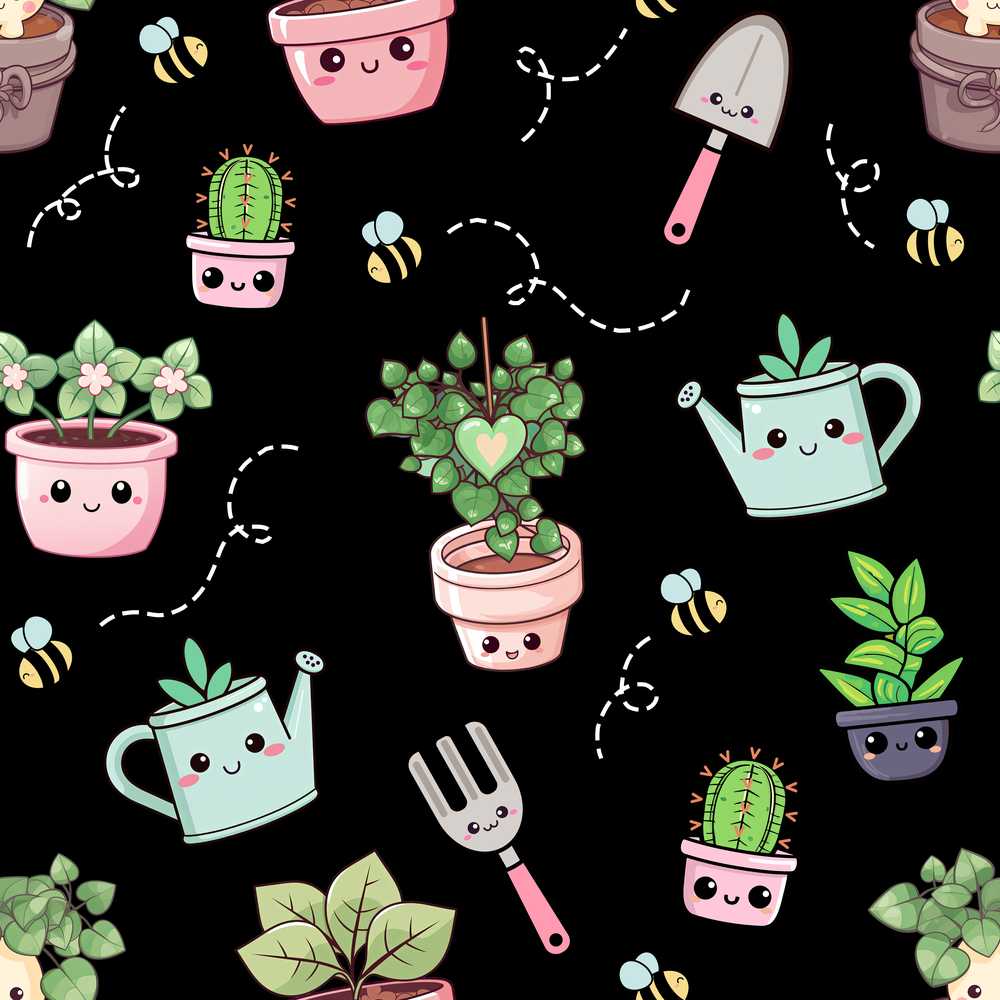 Cute Kawaii Garden Tools Plants Bees Black Decorative