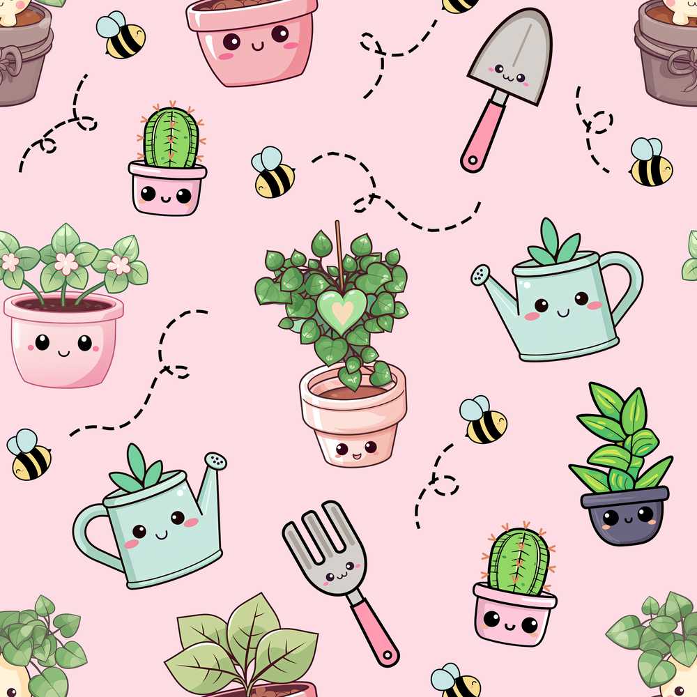 Cute Kawaii Garden Tools Plants Bees Blush Pink Background