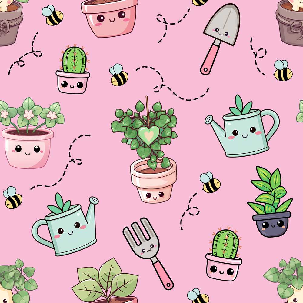 Cute Kawaii Garden Tools Plants Bees Soft Pink Background