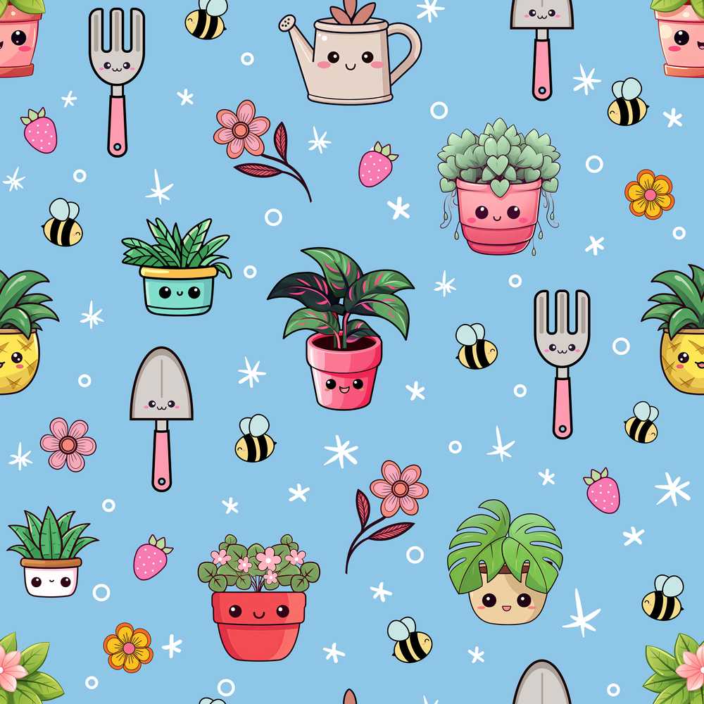 Cute Kawaii Garden Tools Flowers Bees Blue Background Wildflower