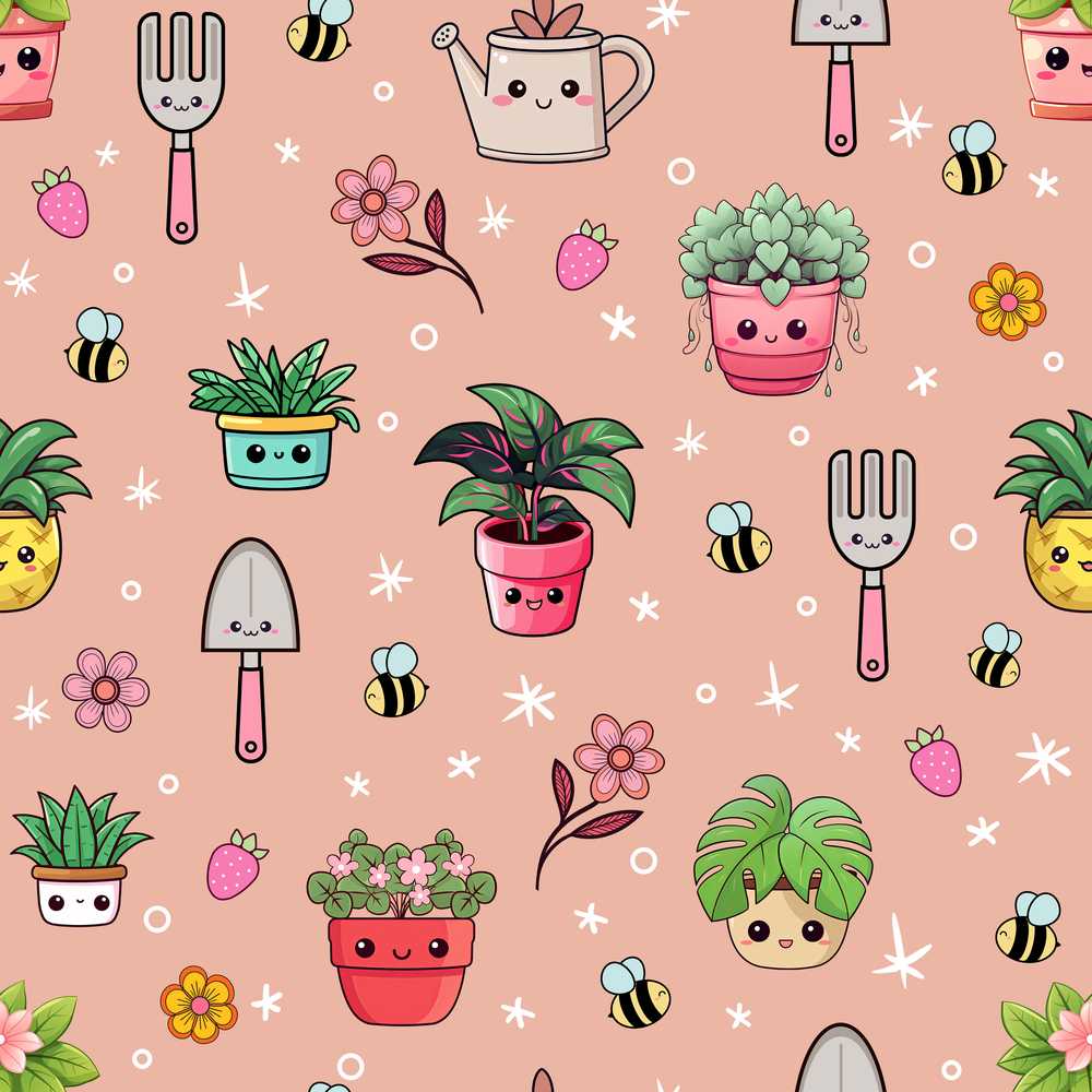 Cute Kawaii Garden Tools Flowers Bees Peach Background Wildflower