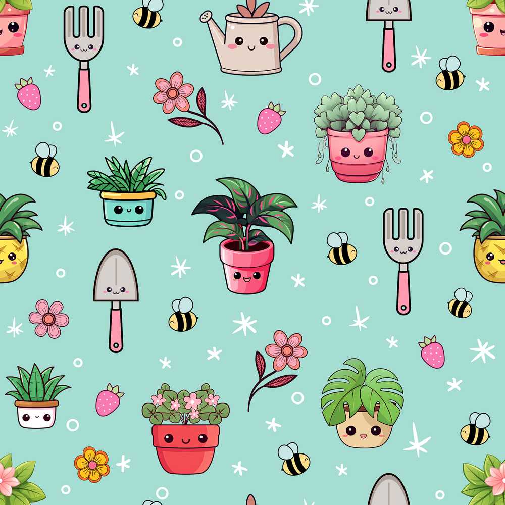 Cute Kawaii Garden Tools Flowers Bees Mint Background Wildflower
