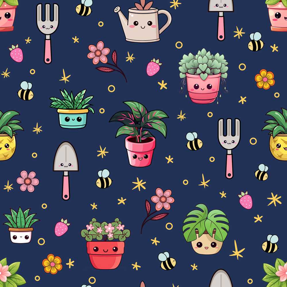 Cute Kawaii Garden Tools Flowers Bees Navy Background Wildflower