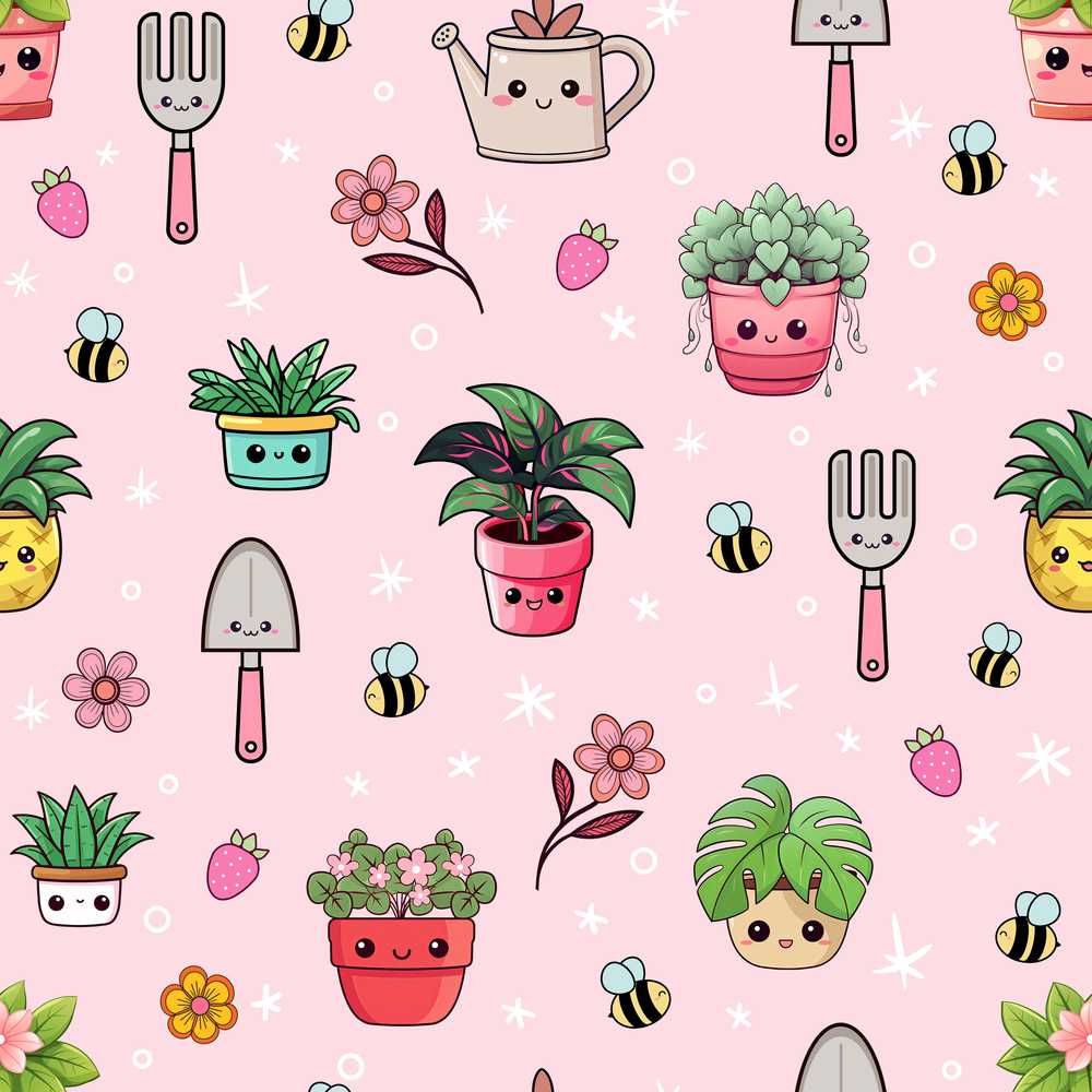 Cute Kawaii Garden Tools Flowers Bees Blush Pink Background