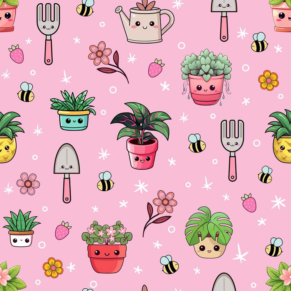 Cute Kawaii Garden Tools Flowers Bees Soft Pink Background