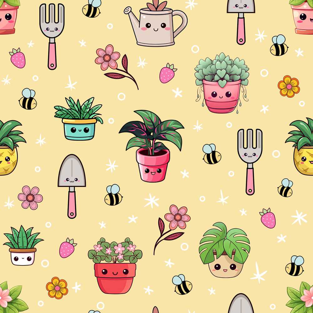 Cute Kawaii Garden Tools Plants Bees Yellow Background