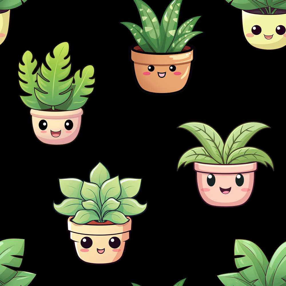 Cute Kawaii Indoor Plants Black Background Decorative Repeat
