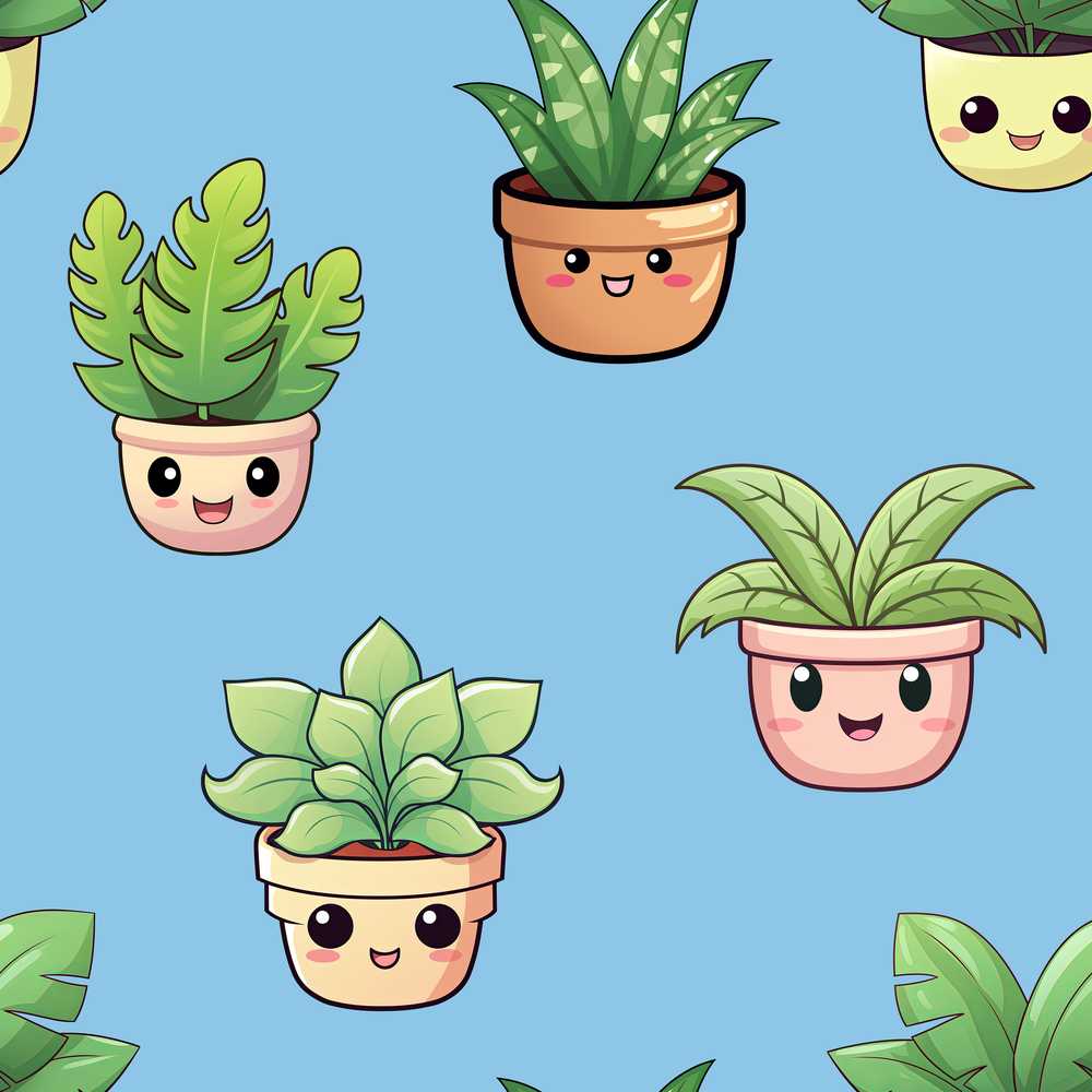 Cute Kawaii Indoor Plants Blue Background Decorative Repeat