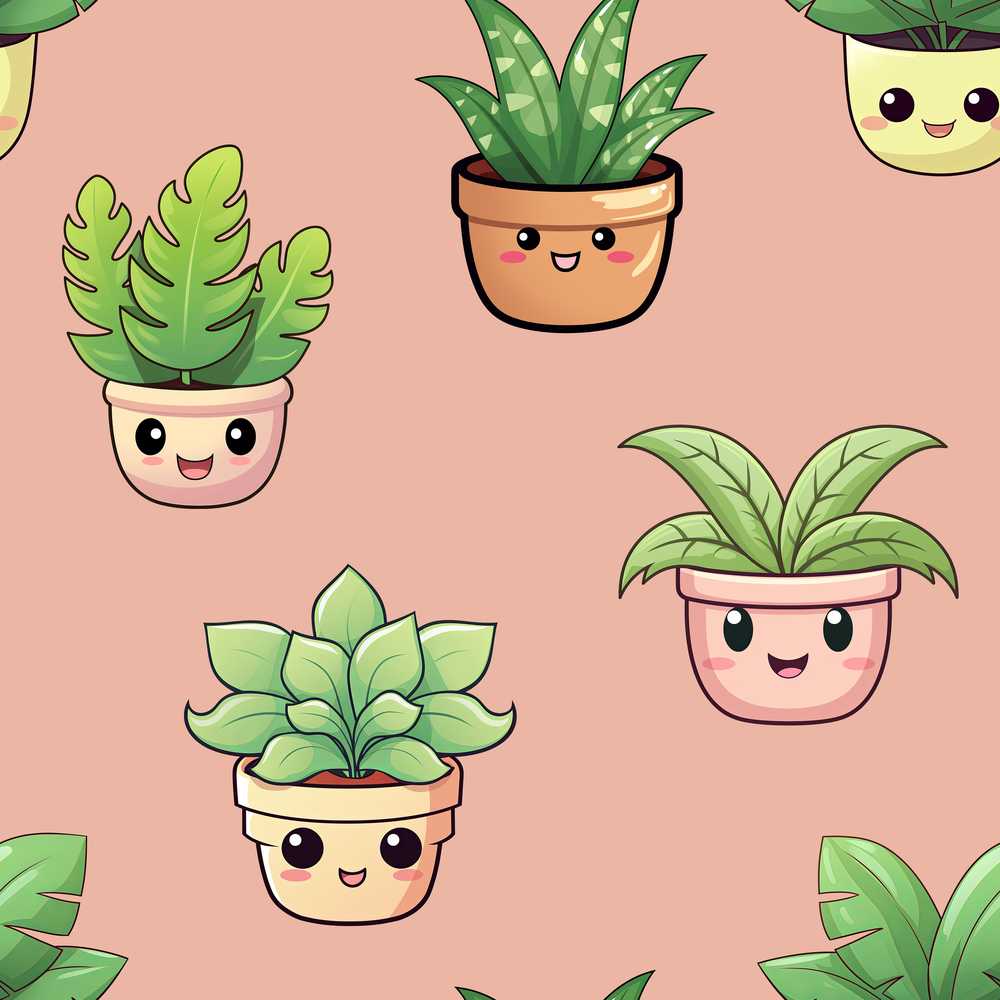Cute Kawaii Indoor Plants Peach Background Decorative Repeat