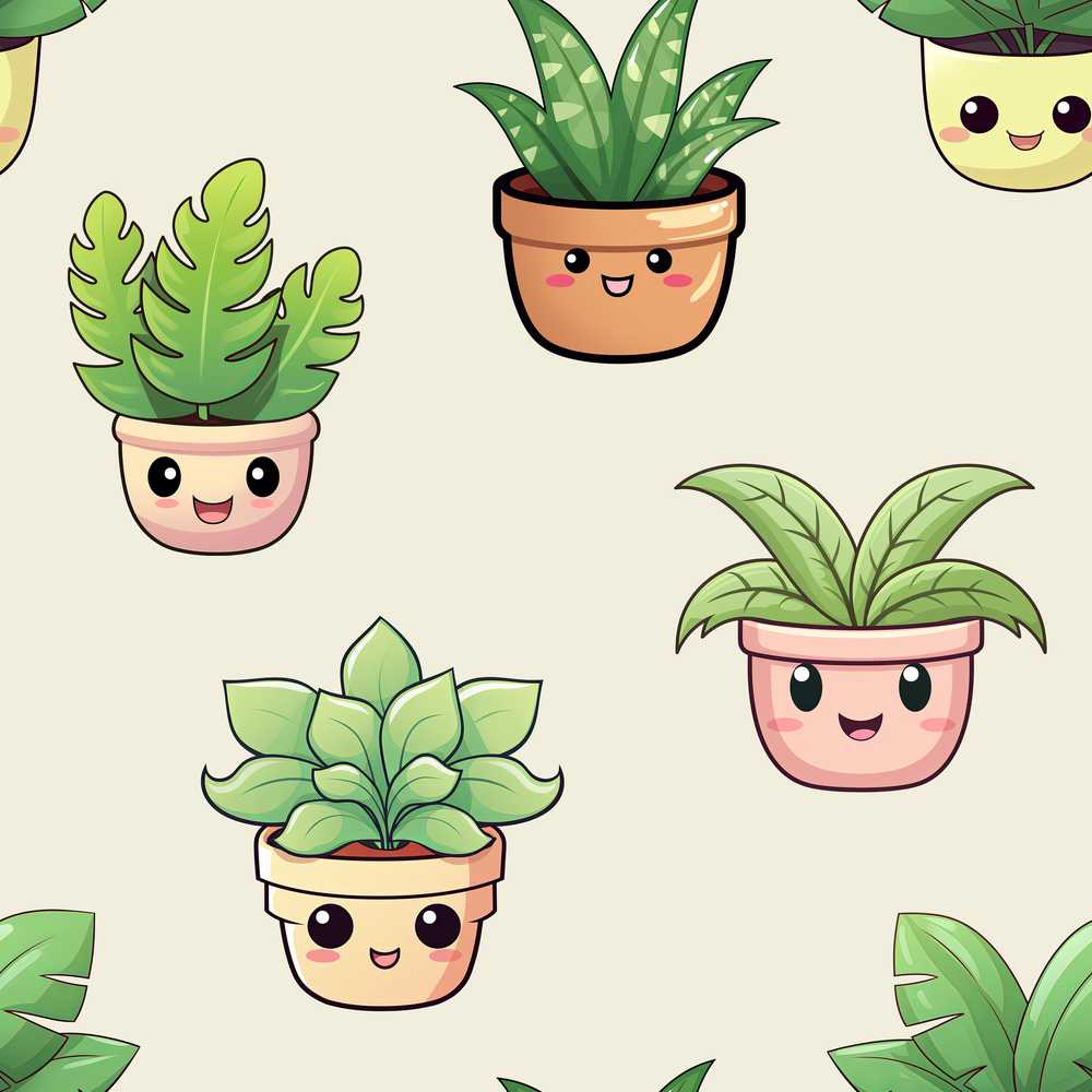 Cute Kawaii Indoor Plants Cream Background Decorative Repeat