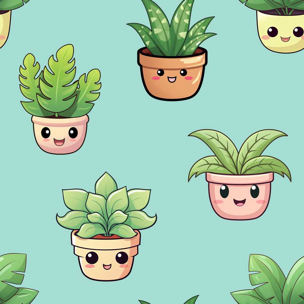 Cute Kawaii Indoor Plants Mint Background Decorative Repeat