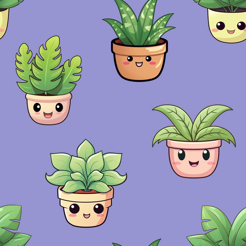 Cute Kawaii Indoor Plants Purple Background Decorative Repeat