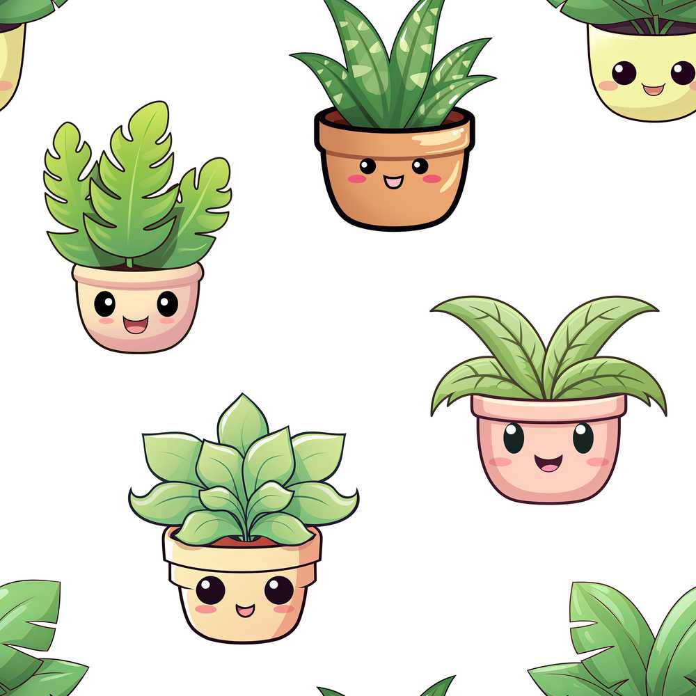 Cute Kawaii Indoor Plants Grey Background Decorative Repeat