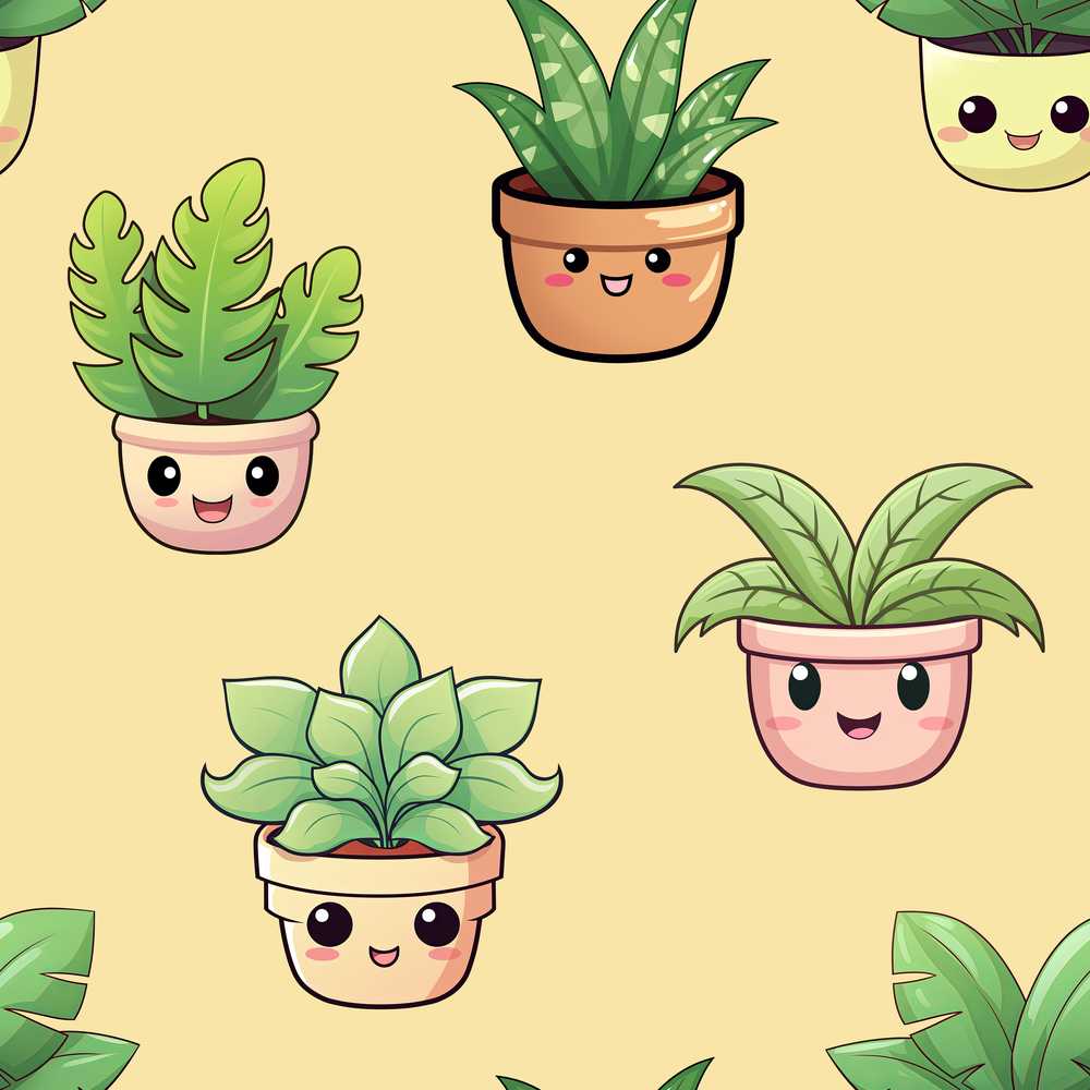 Cute Kawaii Indoor Plants Beige Background Decorative Repeat