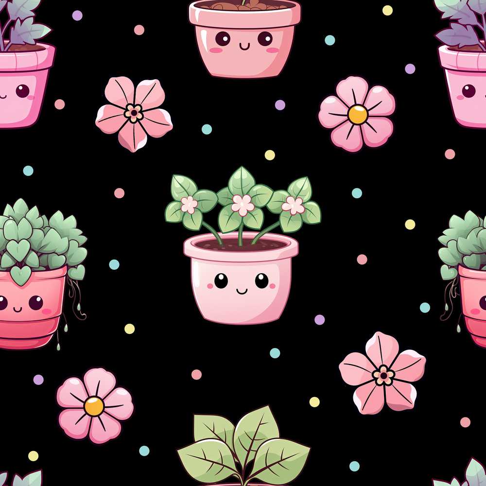 Cute Kawaii Floral Plants Black Background Wildflower Pattern Botanical