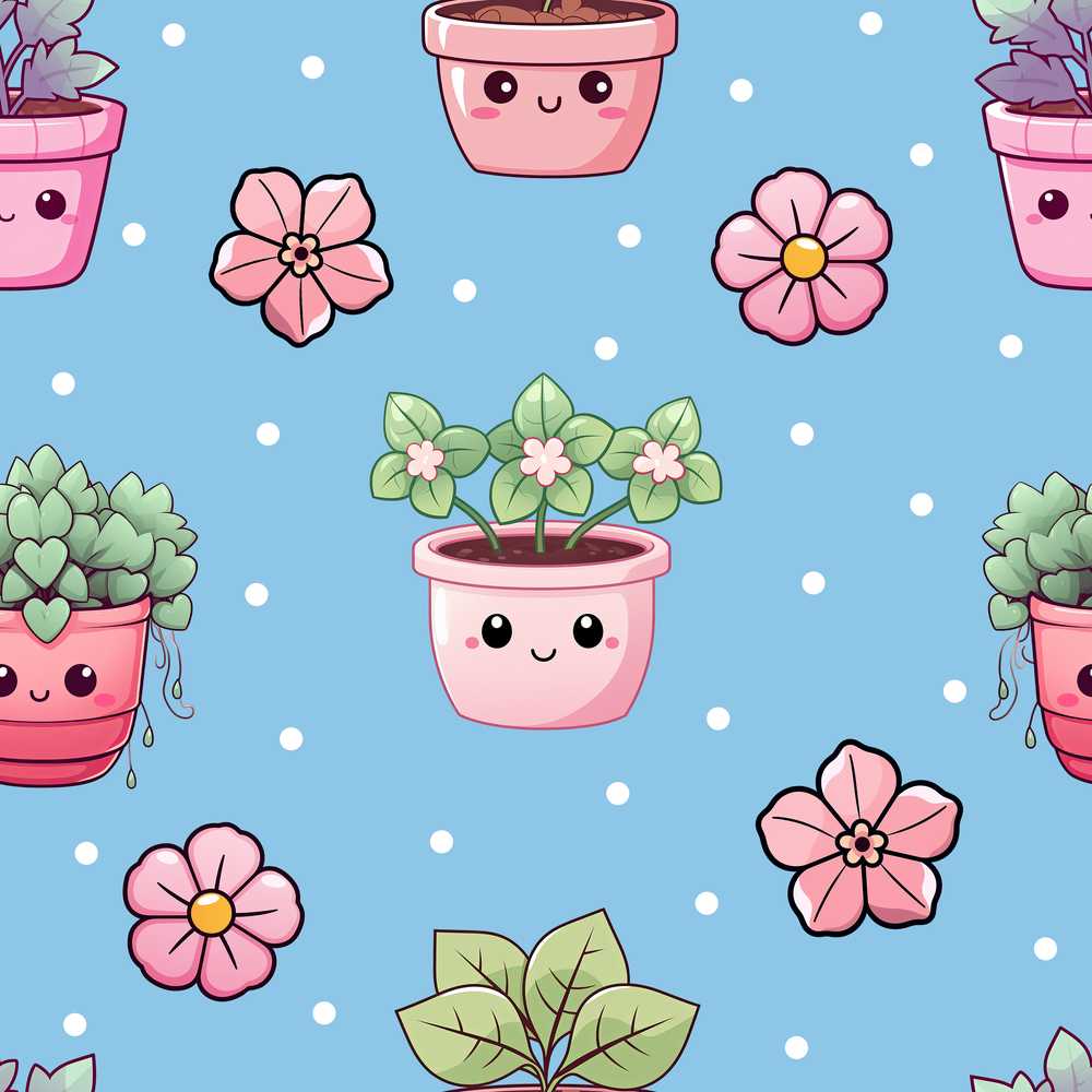 Cute Kawaii Floral Plants Blue Background Wildflower Pattern Botanical