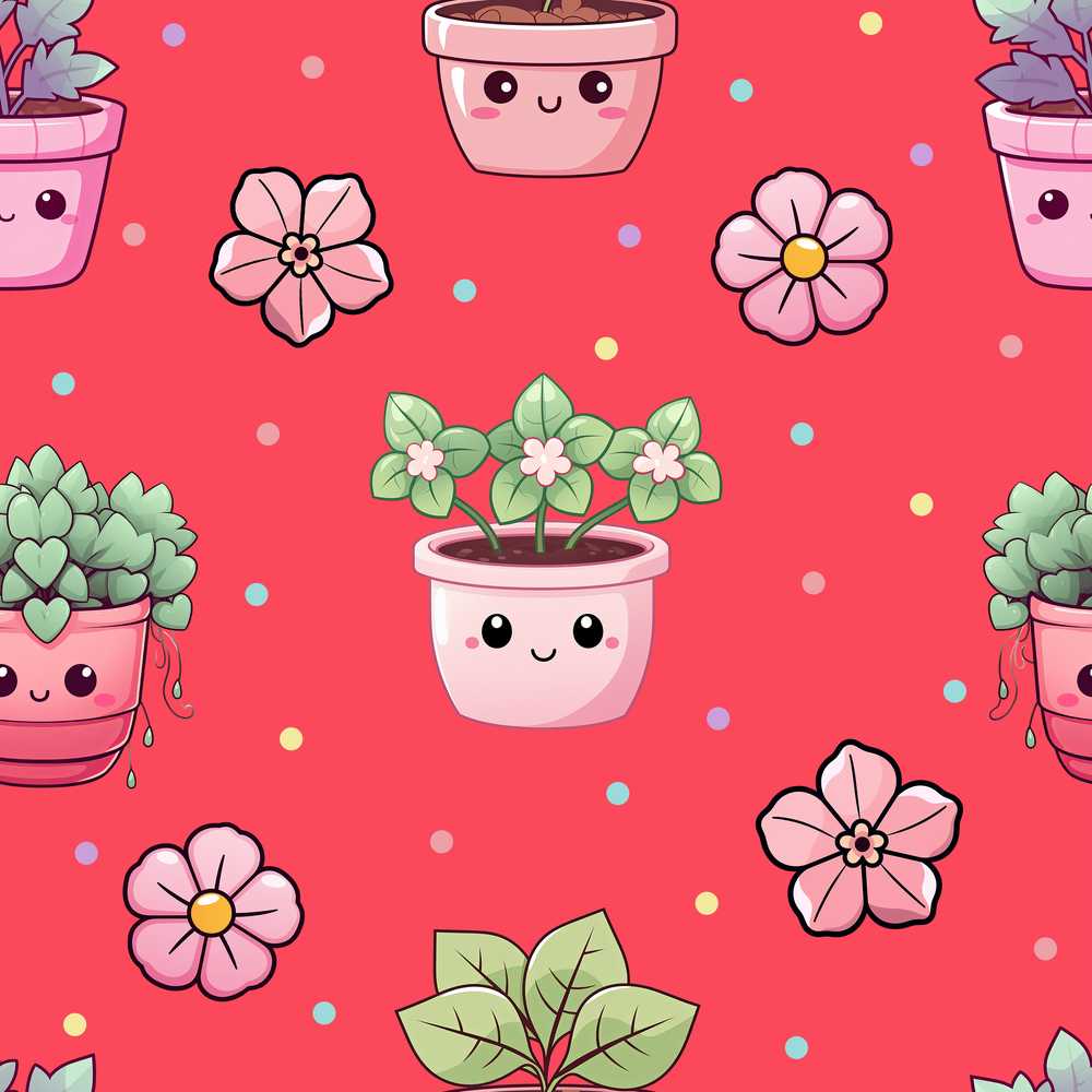 Cute Kawaii Floral Plants Red Background Wildflower Pattern Botanical