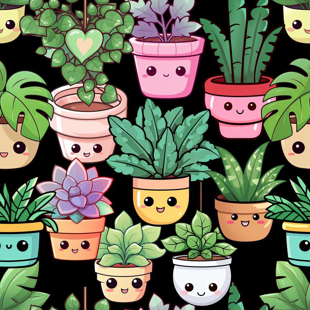 Cute Kawaii Indoor Plants Black Background Decorative Repeat