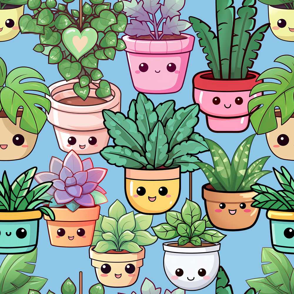 Cute Kawaii Indoor Plants Blue Background Decorative Repeat